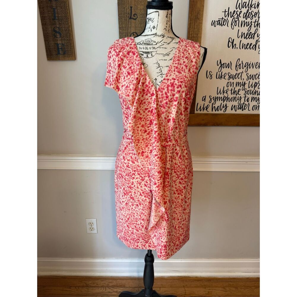 Ann Taylor Women's Abstract Print Ruffle Trim Sleeveless Sheath Dress Pink Sz 2